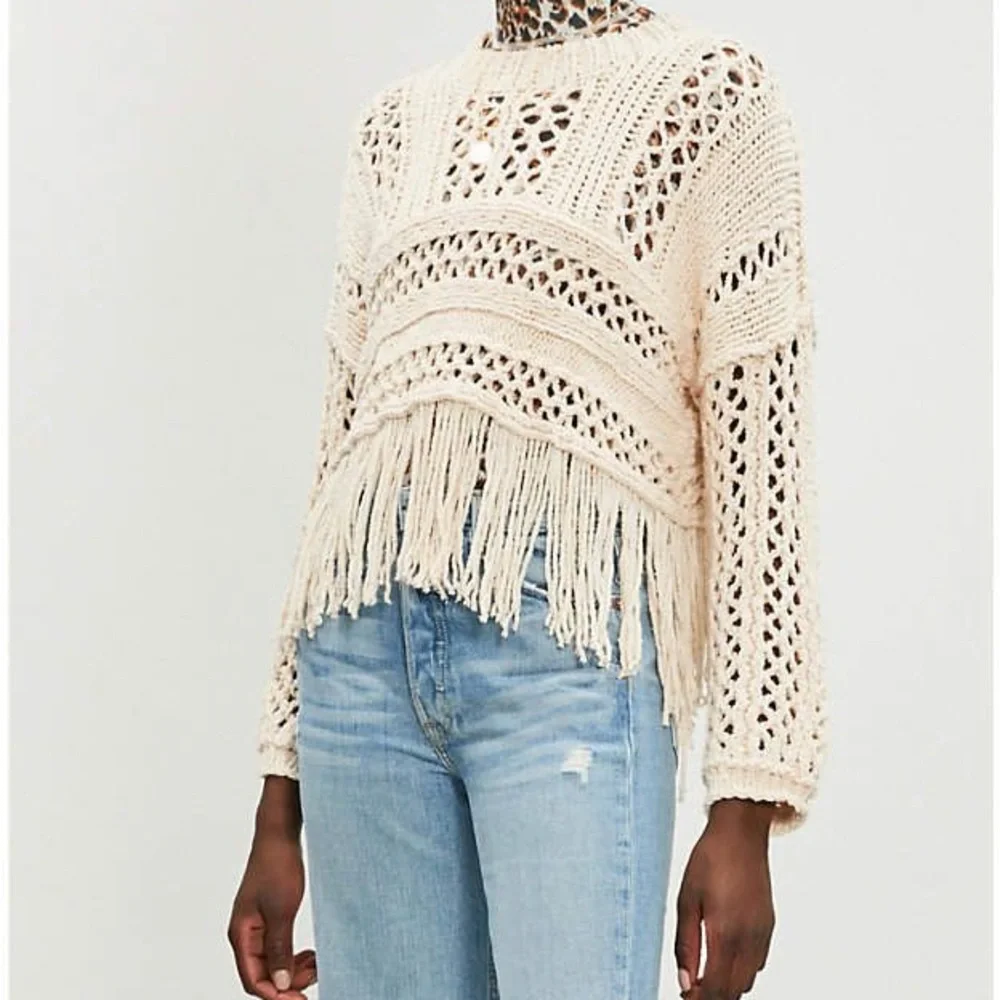 Free People Cream Crochet Sweater with Fringe